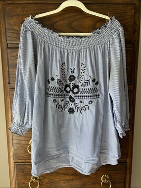 grand & greene Light Blue Striped Elastic Smocked Top with Embroidery, Size 1X